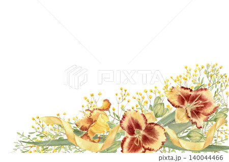 A hand-painted watercolor illustration depicting red and yellow daylily flowers, green leaves, and gypsophila branches against an isolated background. Botanical clip art with space for text. A hand-painted watercolor illustration depicting red and yellow daylily flowers, green leaves, and gypsophila branches against an isolated background. Botanical clip art with space for text. 140044466