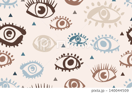 Seamless boho pattern with hand drawn mystic eyes and small triangles on a light beige background. Seamless boho pattern with hand drawn mystic eyes and small triangles on a light beige background. 140044509