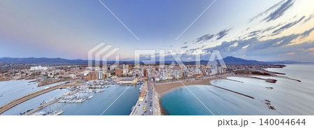 Aerial cityscape of Vinaros harbor at dawn 140044644