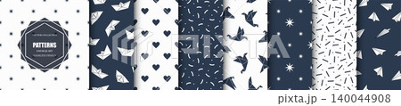 Collection of creative seamless minimalistic decorative geometric patterns - elegant blue and white design. Repeatable unusual textile backgrounds. Fashion paper prints Collection of creative seamless minimalistic decorative geometric patterns - elegant blue and white design. Repeatable unusual textile backgrounds. Fashion paper prints 140044908