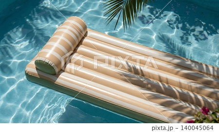 Inflatable pool float with striped pattern floats on clear blue water near palm tree 140045064