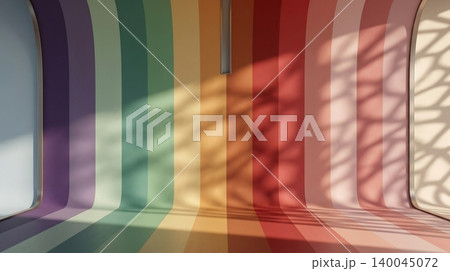 Empty studio room with curved rainbow walls featuring soft natural light shadows and artistic geometric pattern overlays Empty studio room with curved rainbow walls featuring soft natural light shadows and artistic geometric pattern overlays 140045072