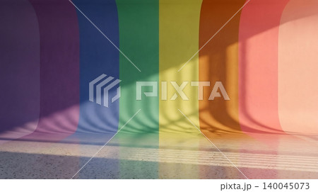 Empty studio space with rainbow colored wall backdrop and dramatic window light shadows casting patterns on speckled floor Empty studio space with rainbow colored wall backdrop and dramatic window light shadows casting patterns on speckled floor 140045073