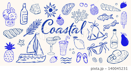 Hand drawn coastal icons like boats, cocktails, shells, and fruit Hand drawn coastal icons like boats, cocktails, shells, and fruit 140045231
