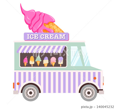 Bright, cartoon ice cream truck with a big pink cone on top Bright, cartoon ice cream truck with a big pink cone on top 140045232