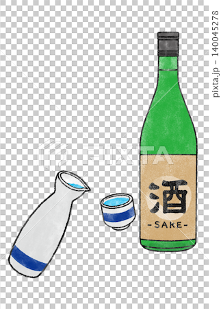 日本清酒套裝：清酒壺、清酒杯和綠清酒瓶（透明背景插圖） 140045278