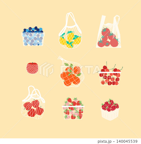 Eco shopping and harvest set collection of reusable mesh bags and wooden crates yellow bg 140045539