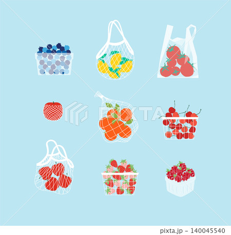 Eco shopping and harvest set collection of reusable mesh bags and wooden crates blue bg Eco shopping and harvest set collection of reusable mesh bags and wooden crates blue bg 140045540