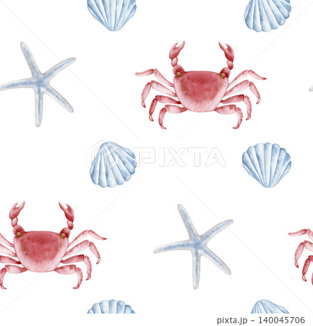 Watercolor seamless pattern with red crabs, blue starfish, and sea shells isolated on white background. Nautical digital paper for beach branding, summer textile print, wrapping paper and decor. Watercolor seamless pattern with red crabs, blue starfish, and sea shells isolated on white background. Nautical digital paper for beach branding, summer textile print, wrapping paper and decor. 140045706