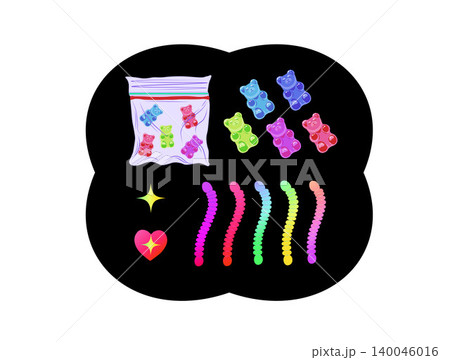 Retro neon candy vector element set with gummy worms and bears. 140046016