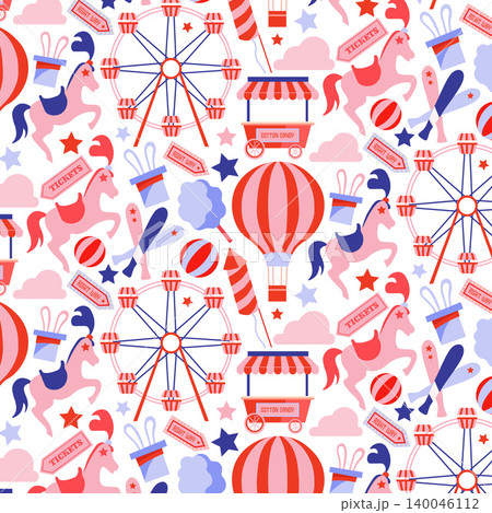 Festive carnival seamless pattern with ferris wheel and horses. Festive carnival seamless pattern with ferris wheel and horses. 140046112