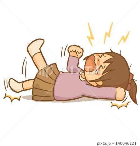 床で激しくかんしゃくを起こして泣き叫ぶ女の子の発達支援・感情調節イラスト 床で激しくかんしゃくを起こして泣き叫ぶ女の子の発達支援・感情調節イラスト 140046121