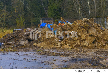 Construction site overview. Site displays signs of recent excavation and environmental management 140046193