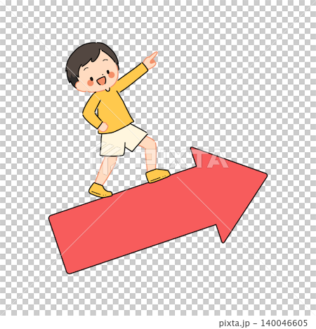 矢印に乗った男の子のイラスト（上昇志向・向上心・成長イメージ） 140046605
