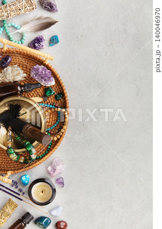 Spiritual Cleansing and Meditation Tools Flat Lay 140046970
