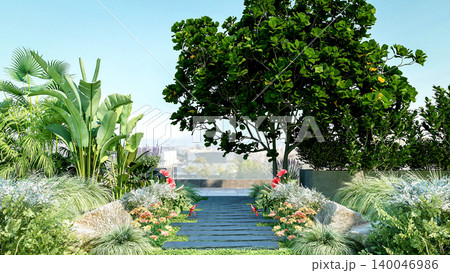 Luxury rooftop garden with tropical plants and stone pathway, 3d rendering 140046986