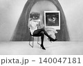 Woman exploring identity through layered eyes and self-perception 140047181