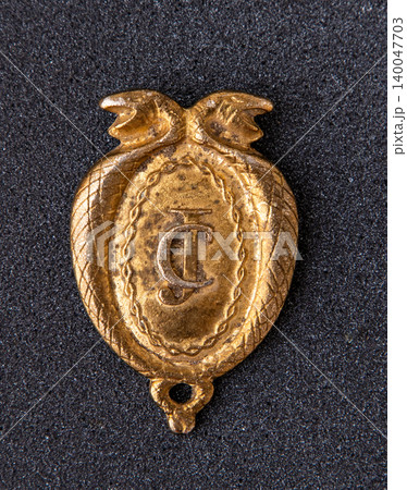 Antique Austro-Hungarian judicial badge with JC monogram and caduceus snakes, vintage brass law enforcement or justice official emblem Antique Austro-Hungarian judicial badge with JC monogram and caduceus snakes, vintage brass law enforcement or justice official emblem 140047703