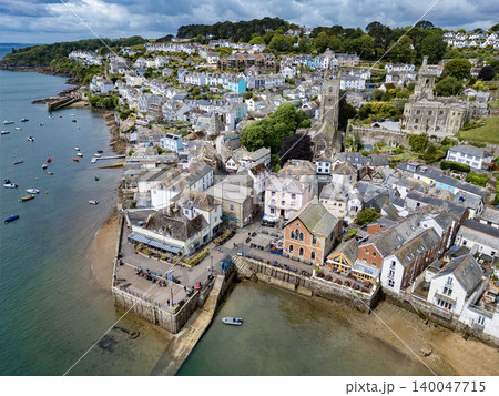Aerial view of the seafront and estuary at Fowey on the south coast of Cornwall, England. 140047715