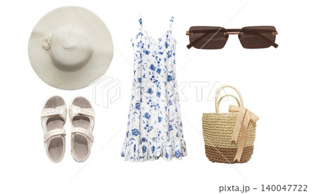 Flat lay photo of a coordinated summer outfit arranged on a white background. Flat lay photo of a coordinated summer outfit arranged on a white background. 140047722
