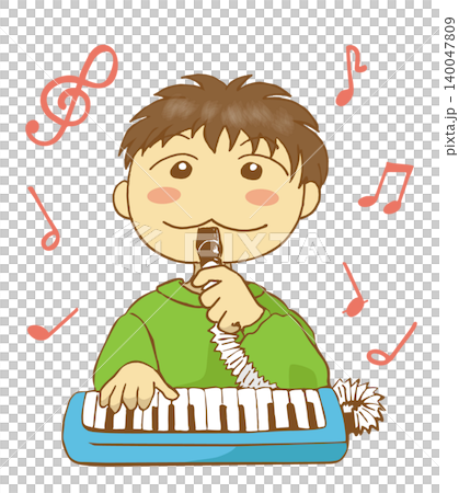 An illustration of a boy playing a melodica. An illustration of a boy playing a melodica. 140047809