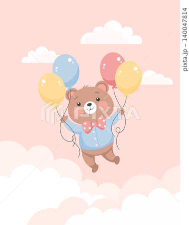 Cute teddy bear floating among clouds with balloons. Holiday illustration. Birthday card. Cute teddy bear floating among clouds with balloons. Holiday illustration. Birthday card. 140047814