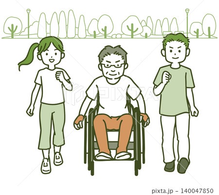 車椅子ウォーキングと伴走　父と娘と息子　公園の背景があるアースカラーのイラスト 140047850