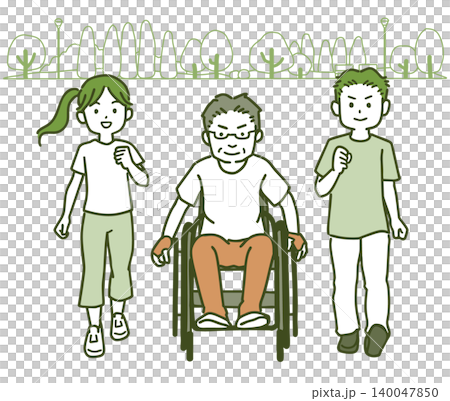 車椅子ウォーキングと伴走　父と娘と息子　公園の背景があるアースカラーのイラスト 140047850