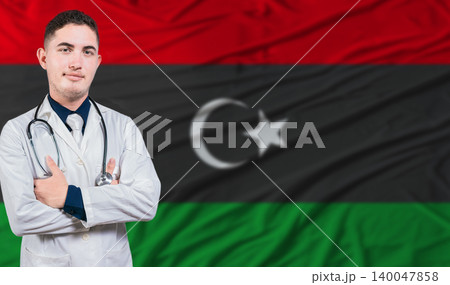 Portrait of medical professional on Libya flag background. Libyan national health system Portrait of medical professional on Libya flag background. Libyan national health system 140047858