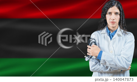 Libyan national health system, Medical professional on Libya flag background 140047873