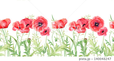 Watercolor seamless border with red poppies and green foliage isolated on white. Hand drawn floral strip for summer textile print, wedding invitations, greeting cards and botanical stationery. Watercolor seamless border with red poppies and green foliage isolated on white. Hand drawn floral strip for summer textile print, wedding invitations, greeting cards and botanical stationery. 140048247