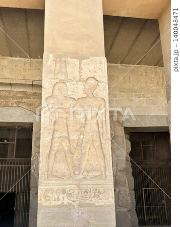 Beautiful interiors and ancient hieroglyphs in the Temple of Seti I in Abydos, Egypt. 140048471