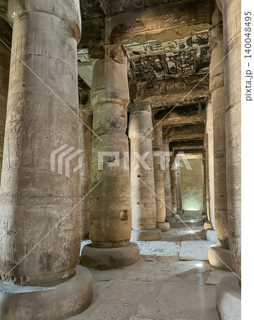 Beautiful interiors and ancient hieroglyphs in the Temple of Seti I in Abydos, Egypt. 140048495