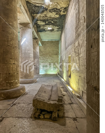 Beautiful interiors and ancient hieroglyphs in the Temple of Seti I in Abydos, Egypt. 140048505