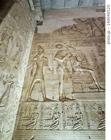 Beautiful bas-reliefs and ancient hieroglyphs in the Temple of Seti I in Abydos, Egypt. Beautiful bas-reliefs and ancient hieroglyphs in the Temple of Seti I in Abydos, Egypt. 140048520