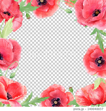Watercolor square frame with blooming red poppies and green leaves isolated on white background. Floral border template with copy space for summer bright designs. Hand drawn botanical frame clipart. 140048837