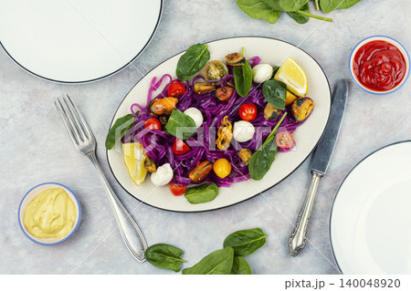 Vegetable Fettuccine with Mussels Vegetable Fettuccine with Mussels 140048920