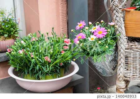 Wood romantic bench and pots with a lot of pink flowers. Outside decor, wood furniture in the garden near the house. Wood romantic bench and pots with a lot of pink flowers. Outside decor, wood furniture in the garden near the house. 140048933