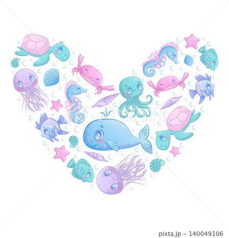 Cute cartoon sea animals in the shape of a heart on a white background. Whale, jellyfish, octopus, fish, seahorse, turtle, crab, star. Children's vector illustration for the design of poster, postcard 140049106