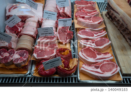 New york, usa august 20,2024. Variety of fresh pork cutschops, roasts, tenderloinneatly displayed at a bustling chelsea market butcher counter in manhattan New york, usa august 20,2024. Variety of fresh pork cutschops, roasts, tenderloinneatly displayed at a bustling chelsea market butcher counter in manhattan 140049183