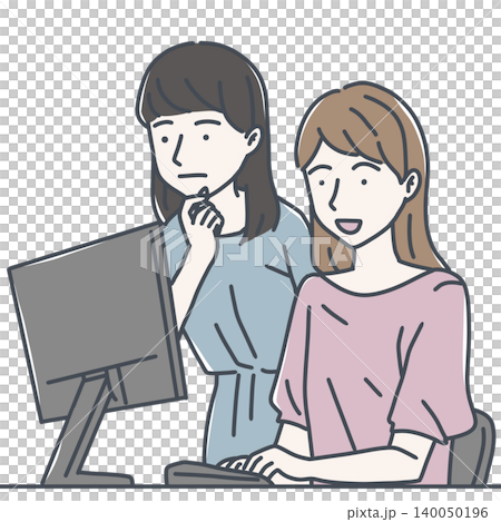 一幅插圖,描繪了兩位女性一邊工作一邊看著電腦螢幕討論事情。 一幅插圖,描繪了兩位女性一邊工作一邊看著電腦螢幕討論事情。 140050196