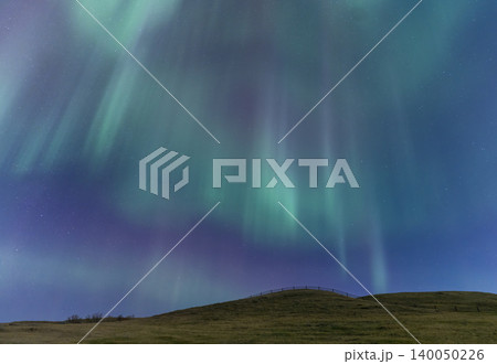 Vibrant aurora borealis dances across the starry night sky above a grassy hill Vibrant aurora borealis dances across the starry night sky above a grassy hill 140050226