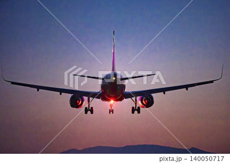 夕暮れの仙台空港 着陸中の飛行機 宮城県名取市 夕暮れの仙台空港 着陸中の飛行機 宮城県名取市 140050717
