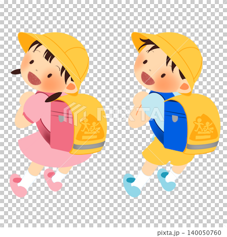 一幅插圖,描繪了一名一年級小學生戴著黃色帽子,背著書包套去上學的情景。 一幅插圖,描繪了一名一年級小學生戴著黃色帽子,背著書包套去上學的情景。 140050760
