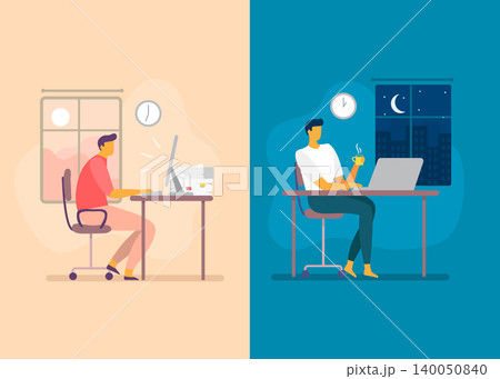 Man Working Day and Night at Desk Flat Stock Illustration Man Working Day and Night at Desk Flat Stock Illustration 140050840