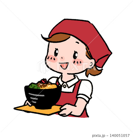 丼ぶりを運ぶ給食の女性スタッフ 丼ぶりを運ぶ給食の女性スタッフ 140051057