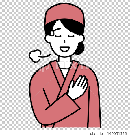 胸に手を当ててホッとする和食屋の女性店員 140051556