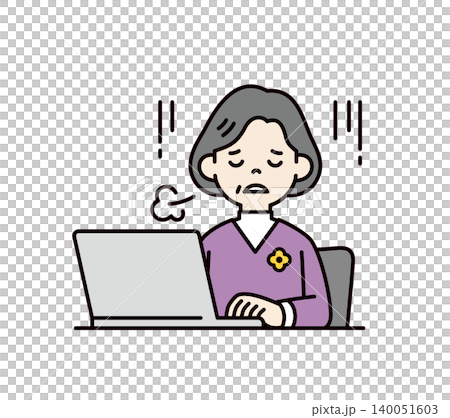 Vector illustration of the upper body of an elderly woman sighing in exhaustion while using a computer. Vector illustration of the upper body of an elderly woman sighing in exhaustion while using a computer. 140051603