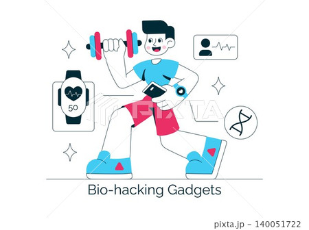 Bio Hacking Gadgets Vector Illustration Featuring Wearable Health Technology, Smart Wellness Devices, Fitness Tracker, and Digital Healthcare Design 140051722