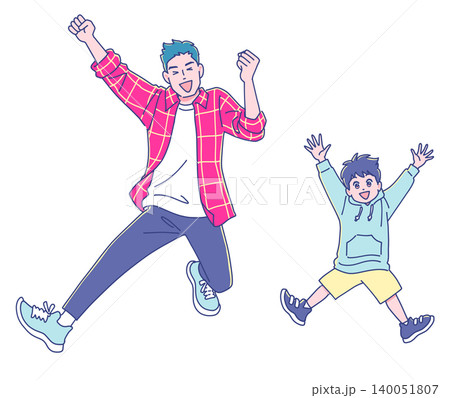 元気にジャンプするお父さんと男の子 元気にジャンプするお父さんと男の子 140051807